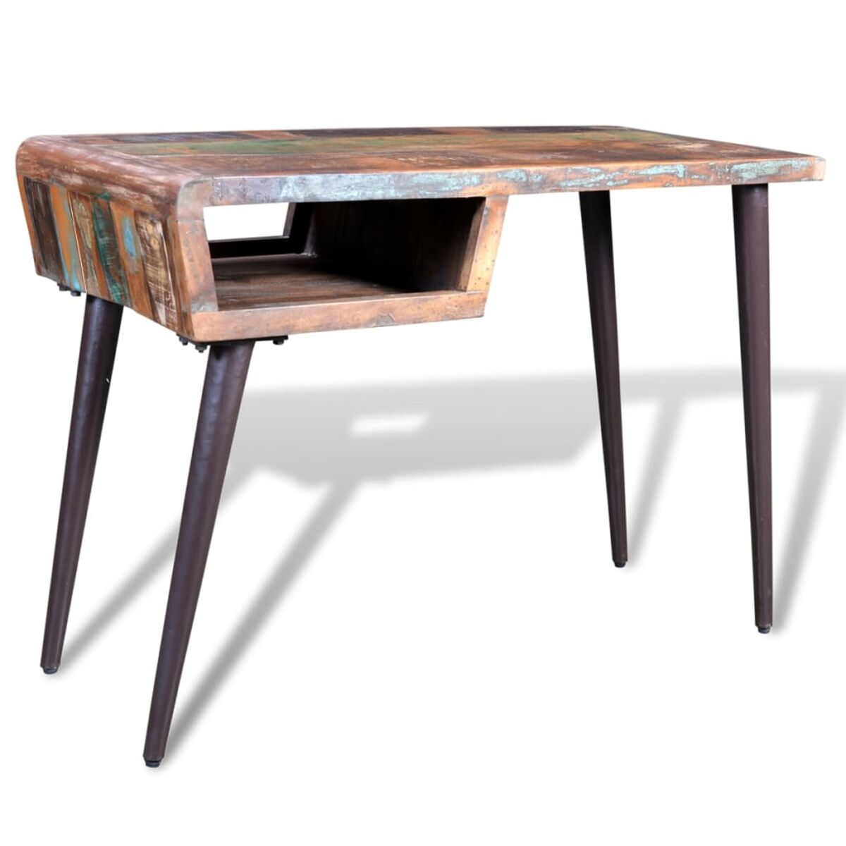 Ein Holzschreibtisch mit Schublade und Metallbeinen. Das Holz ist mehrfarbig.