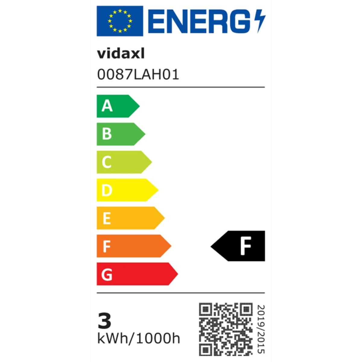 Energieeffizienzlabel, EU-Standard. Zeigt Bewertungen von A bis G, mit F-Bewertung.