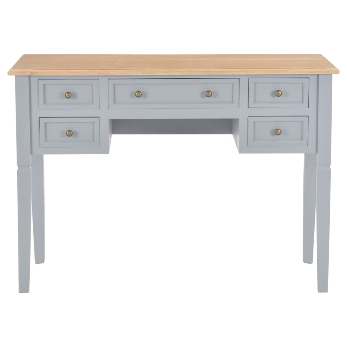 Ein grauer Schreibtisch mit Schubladen und einer hellen Holzplatte. Der Schreibtisch hat ein klassisches Design.