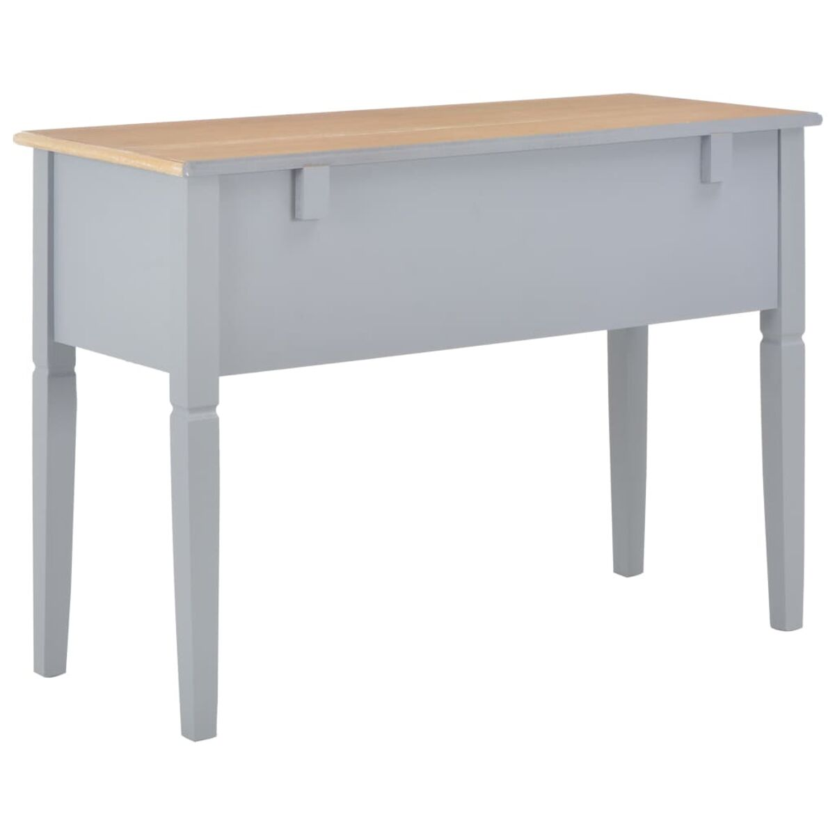 Graue Konsolentisch mit hellbrauner Holzplatte. Er hat vier Beine und eine schubladenartige Front.