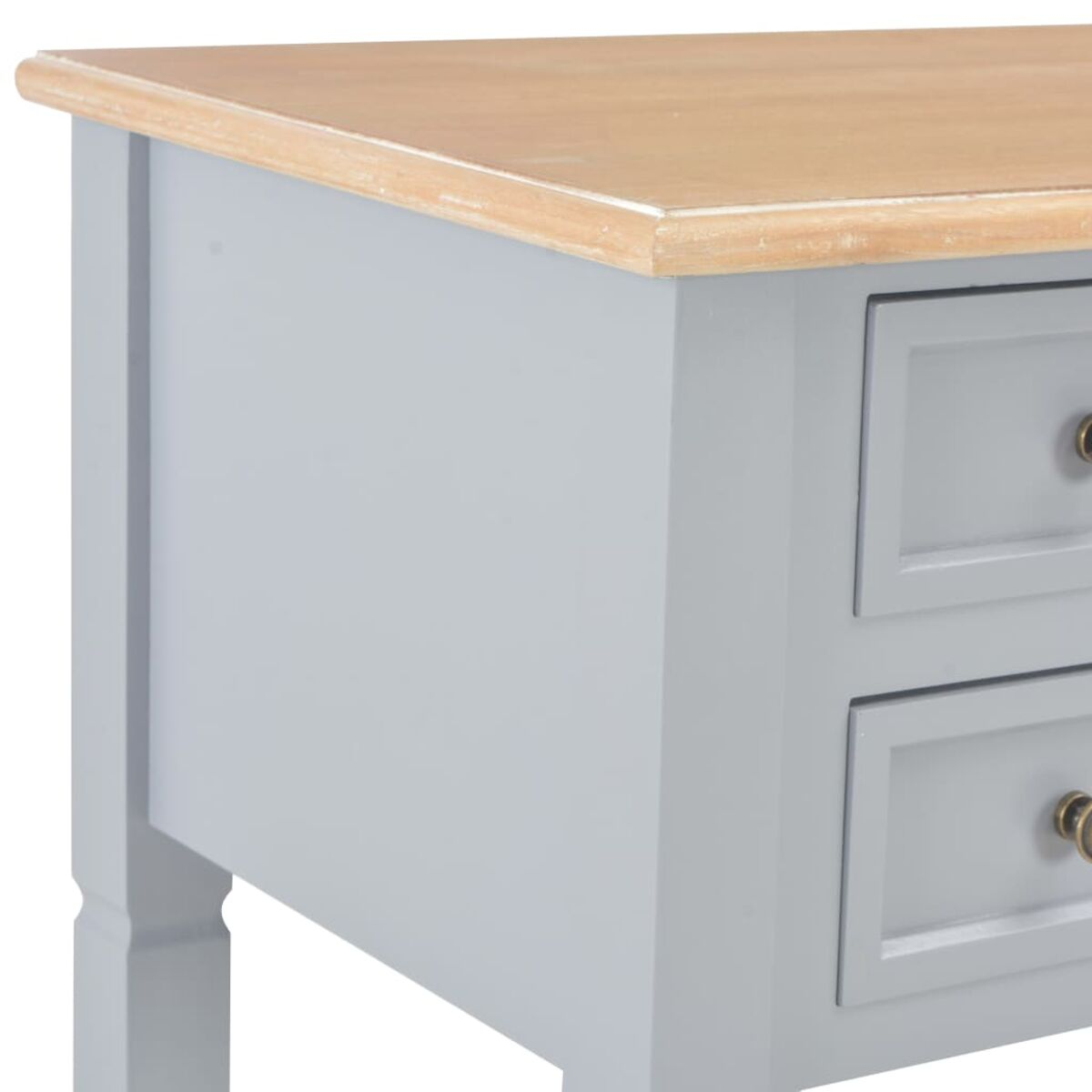 Nahaufnahme eines grauen Schranks mit zwei Schubladen. Die Oberseite ist aus Holz und hat eine helle Beize.