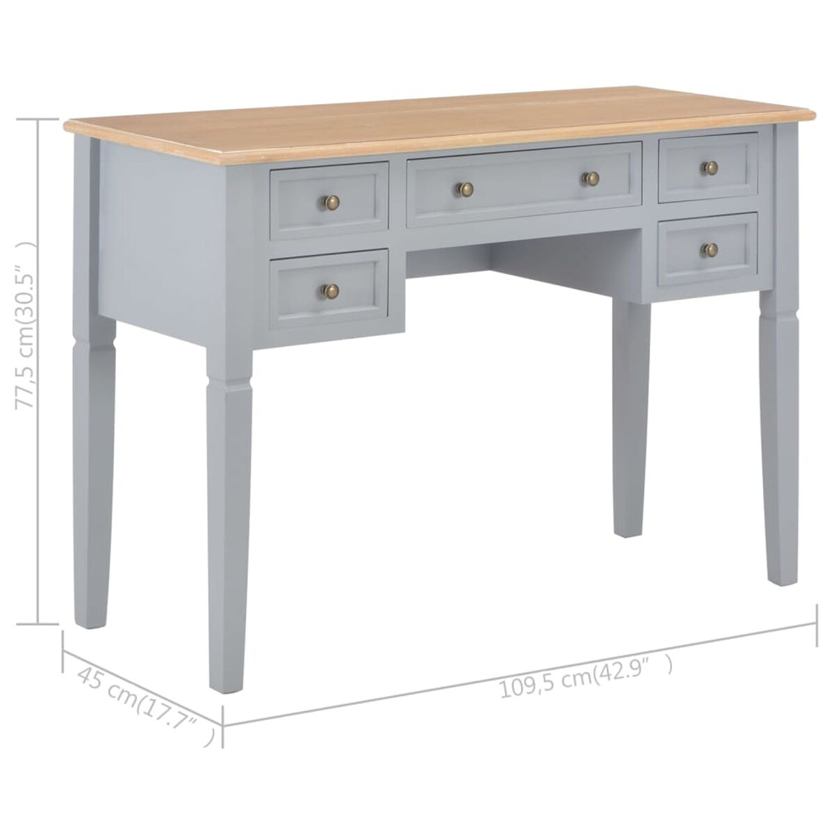 Ein grauer Schreibtisch mit Holzplatte und Schubladen.