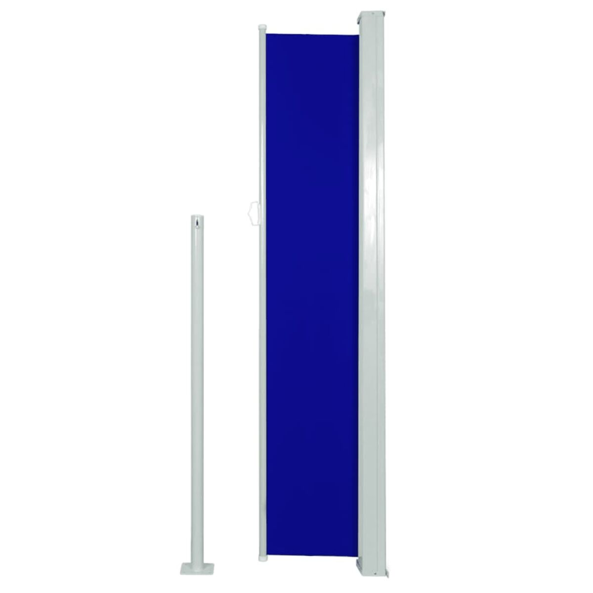 Ein blauer Sichtschutz. Es ist ein hohes, schmales Panel mit weißem Rahmen.