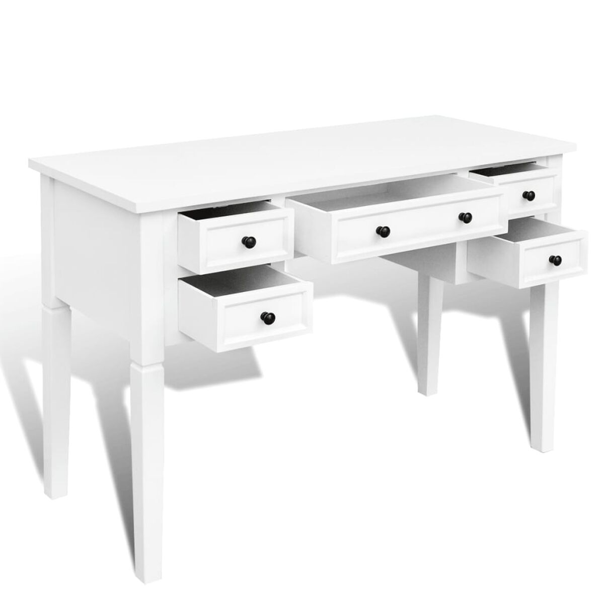Weißer Schreibtisch mit geöffneten Schubladen, schwarze Knöpfe. Modernes, sauberes Design.