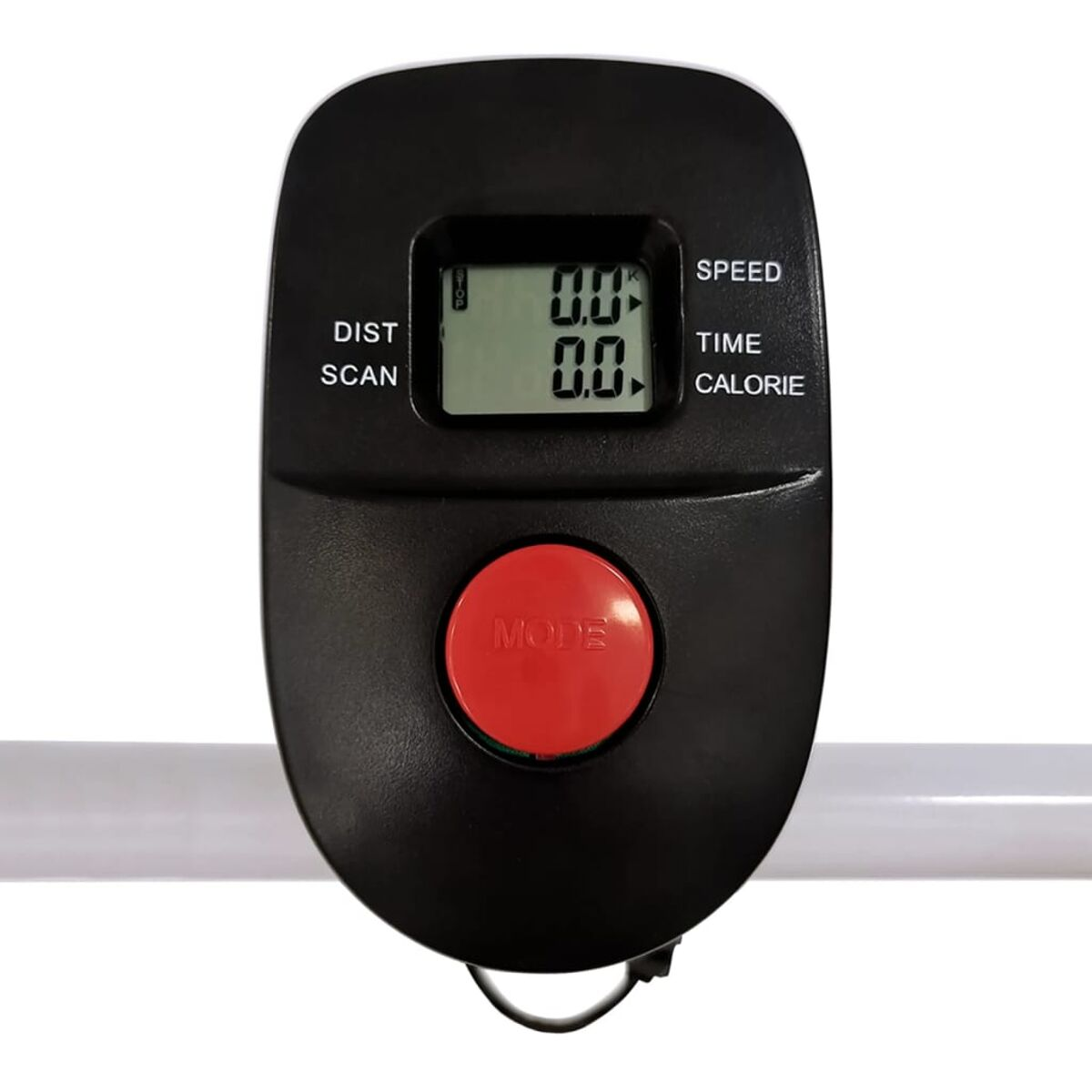 Schwarze Heimtrainer-Konsole mit Anzeige von Geschwindigkeit, Zeit, Strecke und Kalorien.