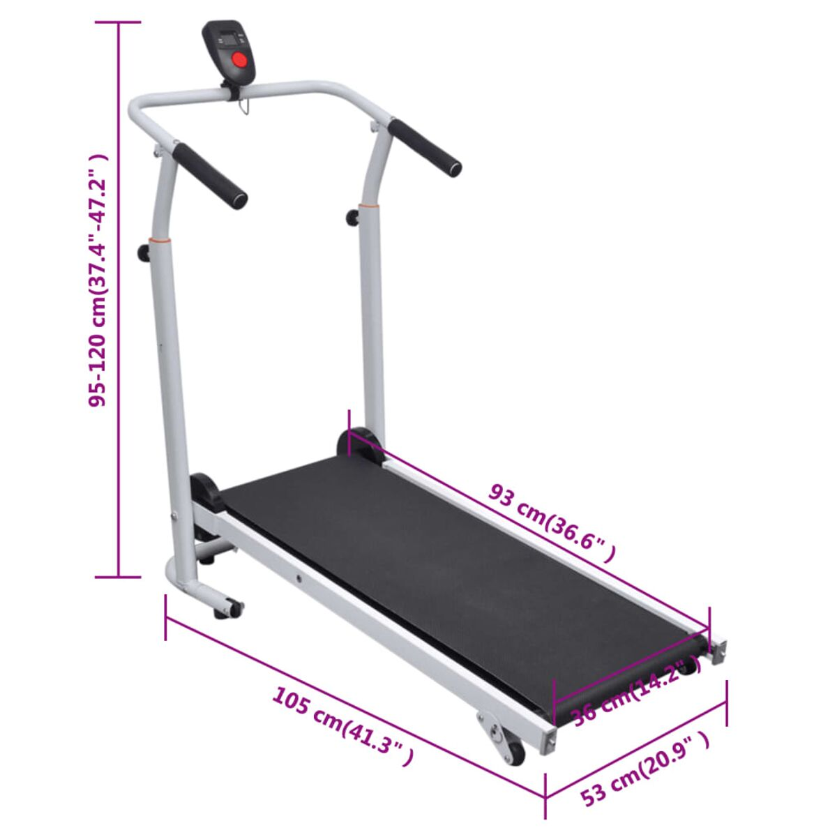 Ein Laufband mit Display, Griffen und Maßangaben in Zentimetern und Zoll.