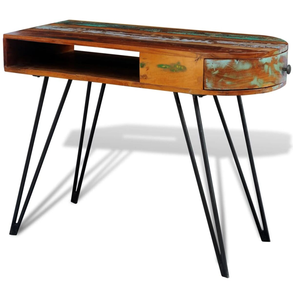 Holzschreibtisch mit Schublade und Metallbeinen. Der Schreibtisch hat einen rustikalen Look.