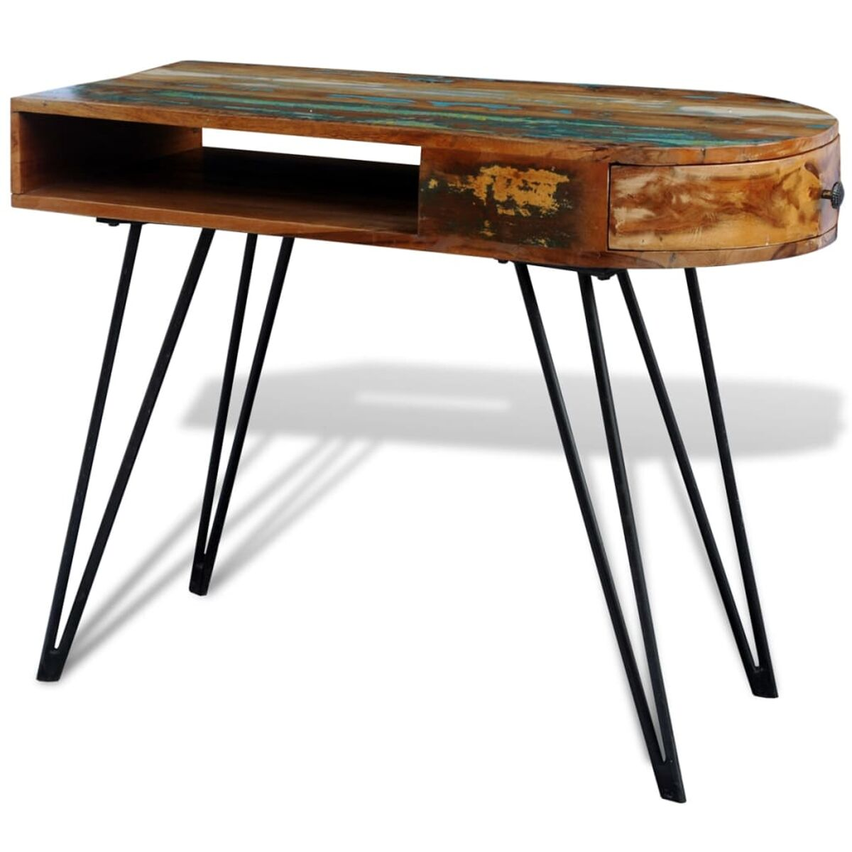 Holz-Konsolentisch mit Schublade und schwarzen Metallbeinen, auf weißem Grund.