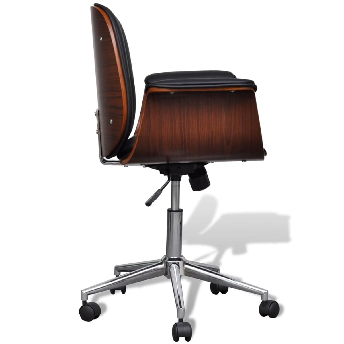 Holz-Bürostuhl mit schwarzem Sitz und Rückenlehne, Chromfuß und Holzrücken.