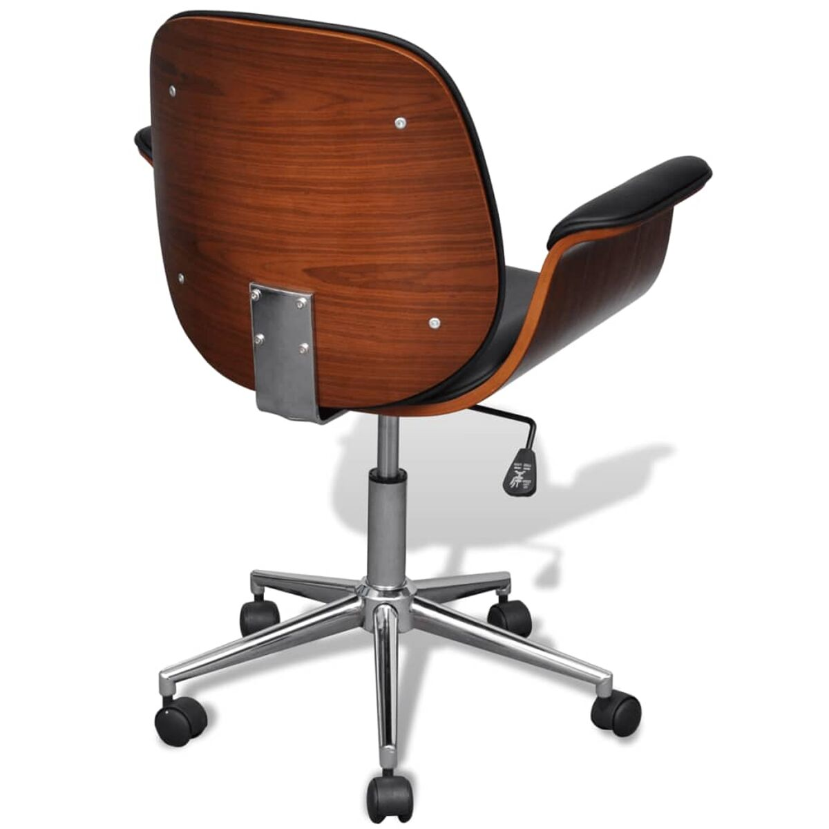 Rückansicht eines Bürostuhls mit Holzrücken, schwarzem Sitz und Chromgestell.