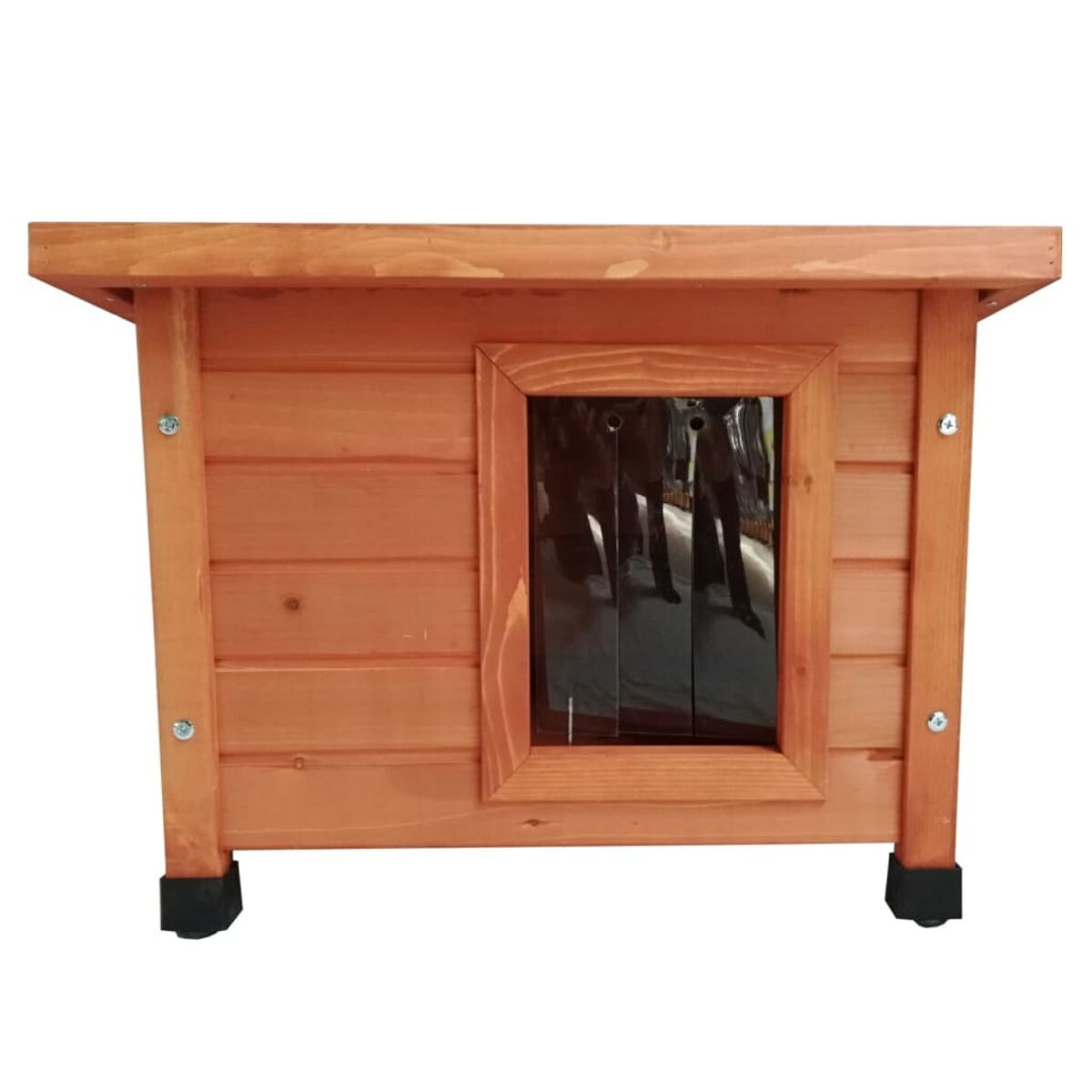 Hundehaus aus Holz. Rechteckig, braunes Holz, Fenster mit dunklem Innenraum, schwarze Füße.