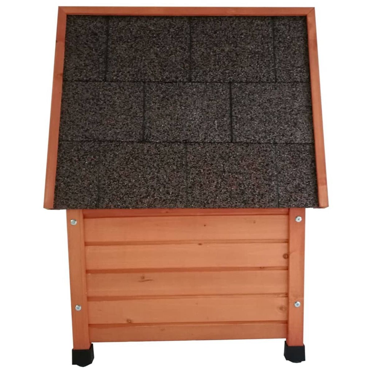 Hundehütte aus Holz mit Dach aus Dachschindeln.
