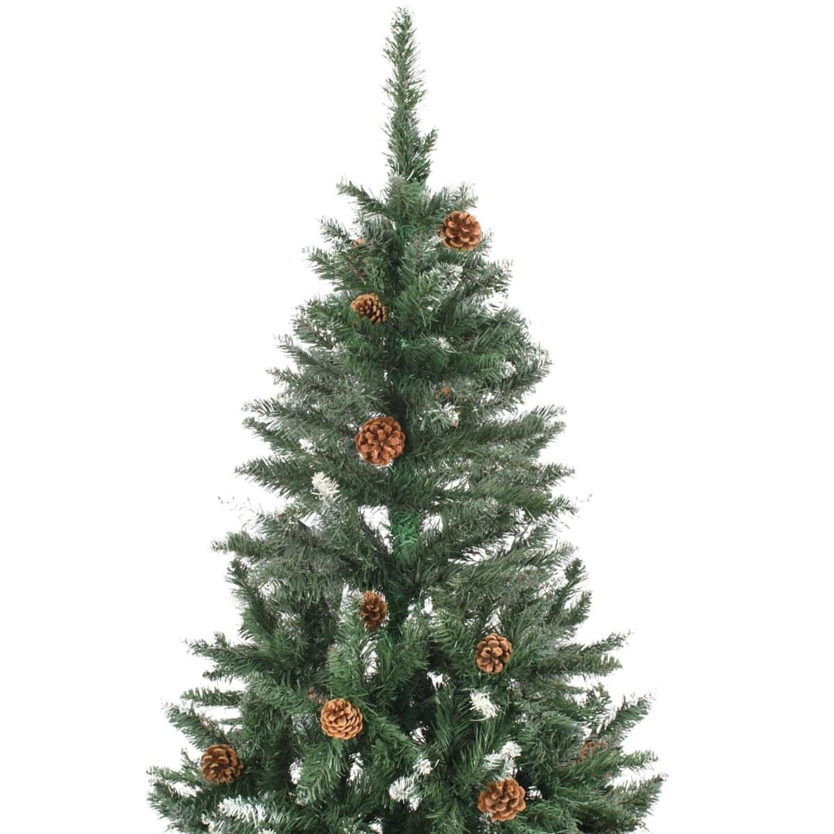 Nahaufnahme eines grünen Weihnachtsbaums mit braunen Tannenzapfen, isoliert auf Weiß.