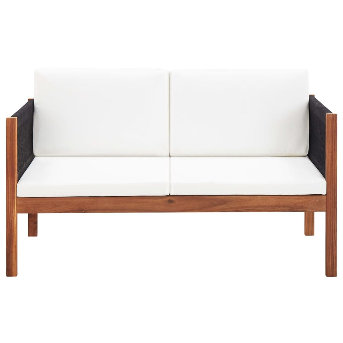 Zweisitzer-Sofa aus Holz mit weißen Kissen und dunklen Seildetails.