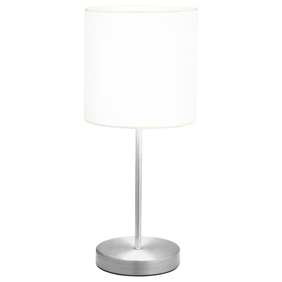 Eine Tischlampe mit weißem Lampenschirm und silberfarbenem Fuß und Stiel.