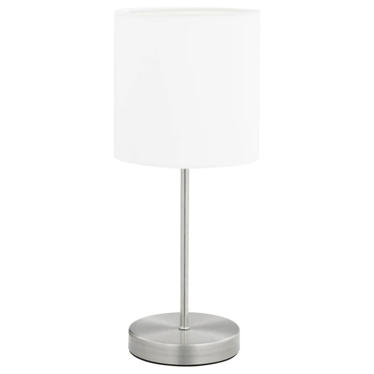 Weiße Tischlampe auf weißem Hintergrund. Die Lampe hat einen silbernen Fuß und Stiel.
