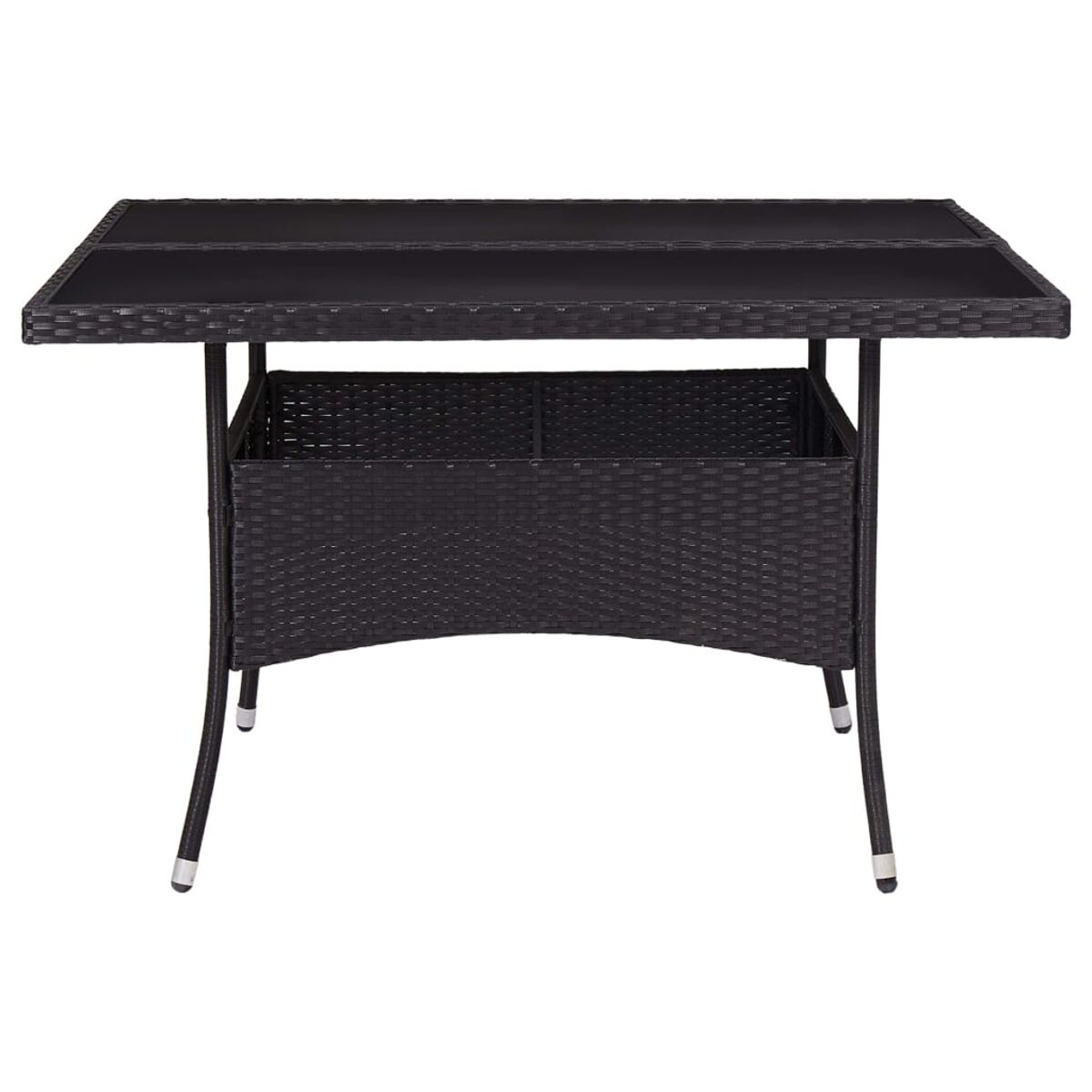 Schwarzer Korbtisch mit Glasplatte und Metallbeinen.