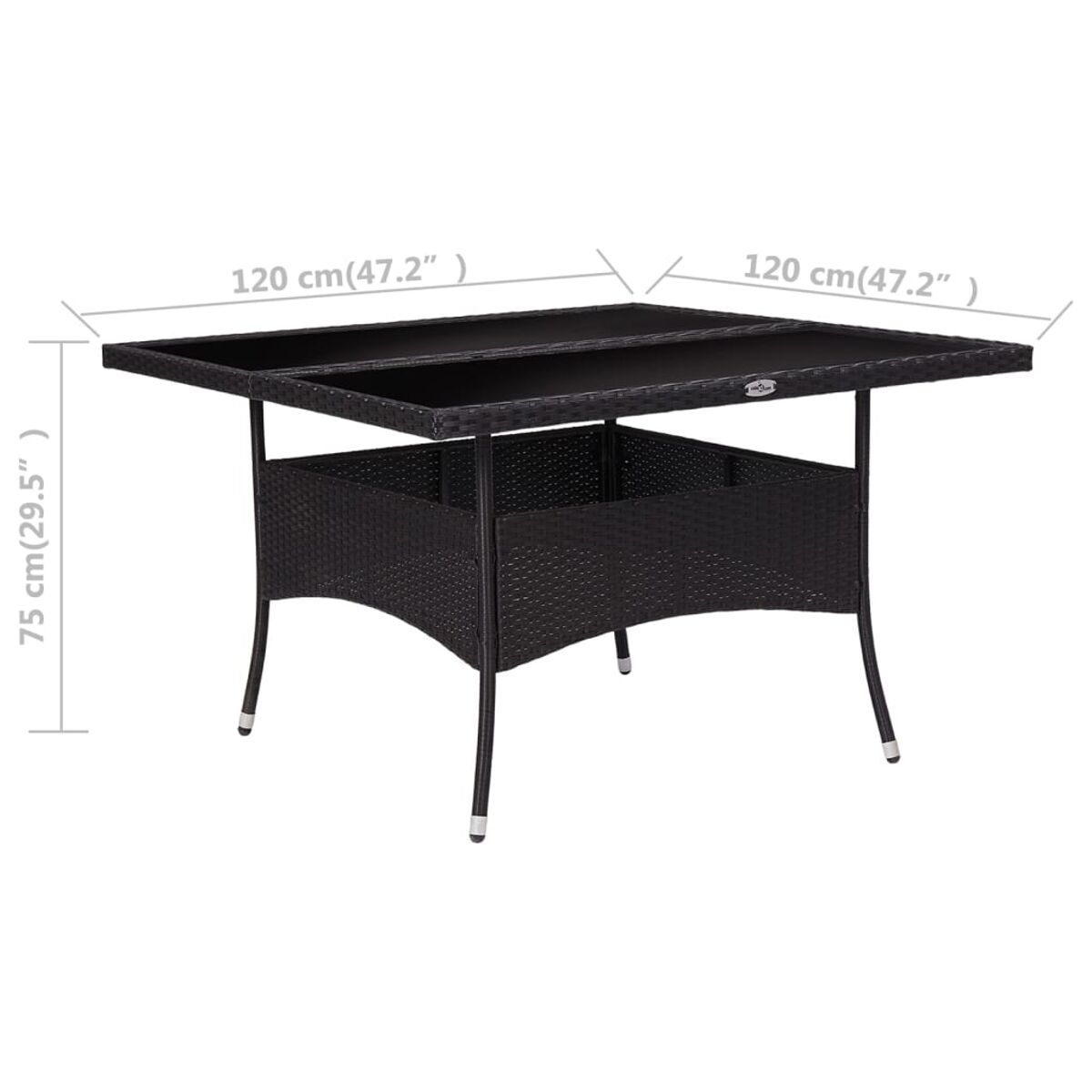 Schwarzer Korbtisch mit beschrifteten Abmessungen. Der Tisch hat eine rechteckige Oberseite und Beine.