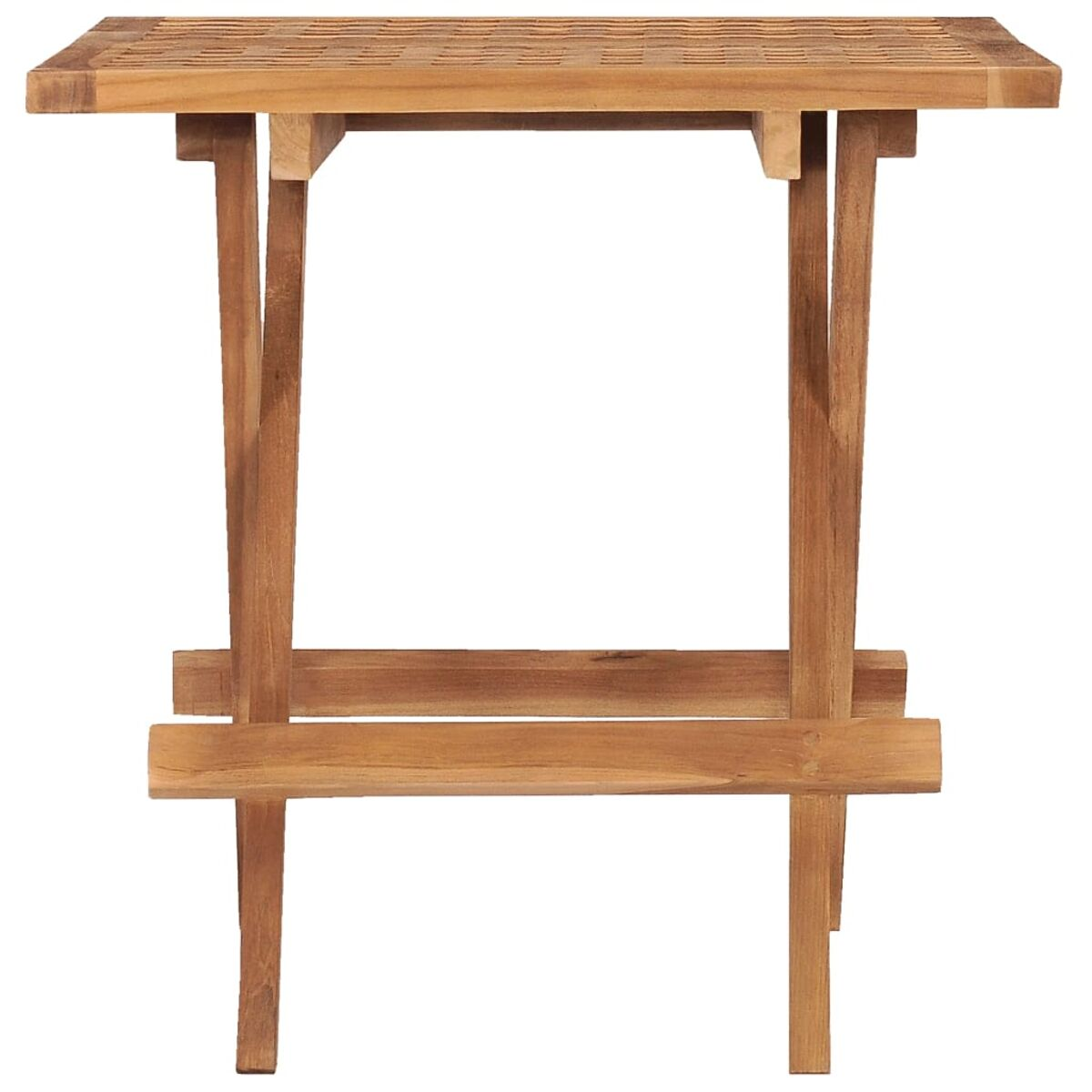 Quadratischer Holztisch. Braun, mit Lattenrost. Vier Beine. Weißer Hintergrund.