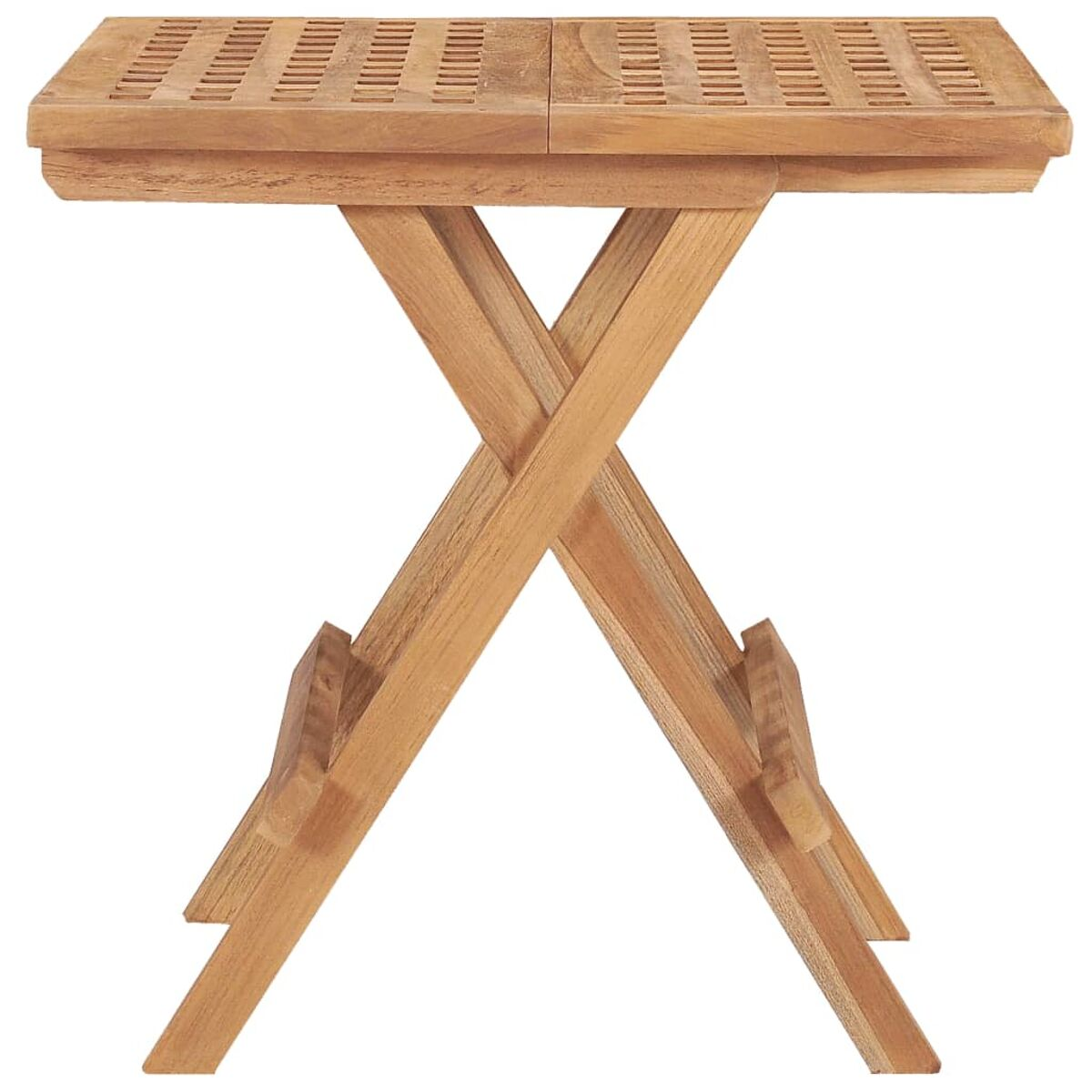 Kleiner Holzklapptisch. Lattenoberseite. X-förmige Beine. Hellbraune Farbe.