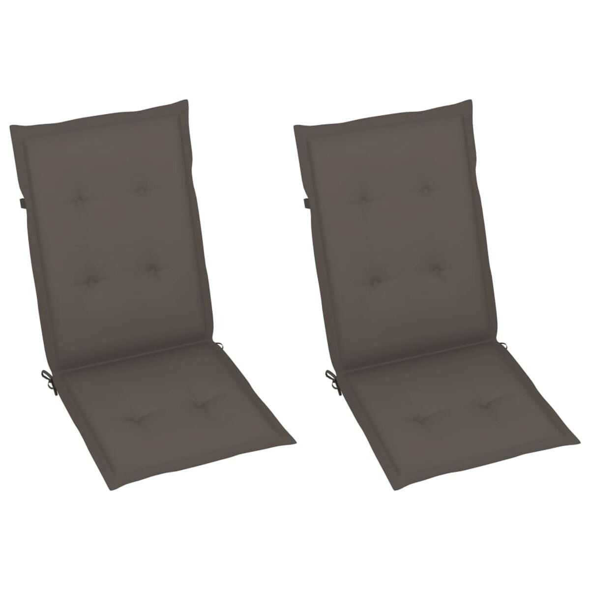 Zwei graue Outdoor-Kissen, von oben betrachtet, mit Knopfdetails und Bändern.