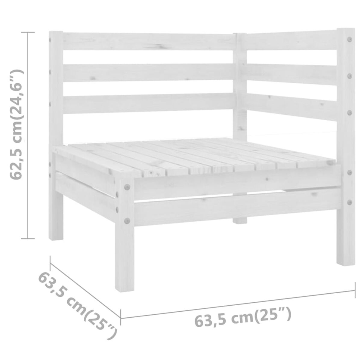 Eckstuhl aus Holz, mit Abmessungen in Zoll und Zentimetern. Einfaches Design.