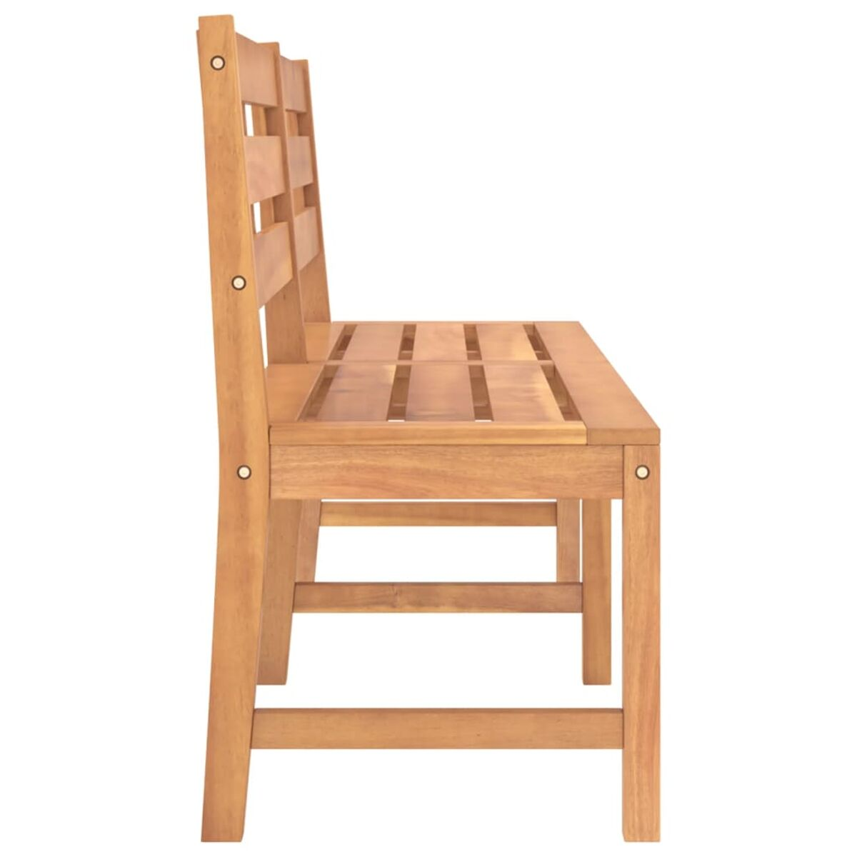 Eine Holzbank von der Seite gesehen. Sie hat eine Sitzfläche und Rückenlehne mit sichtbarer Maserung.