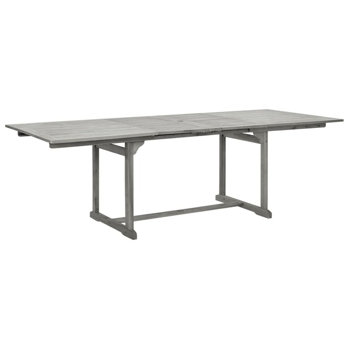 Ein grauer rechteckiger Holztisch mit Klappdesign, vor weißem Hintergrund stehend.
