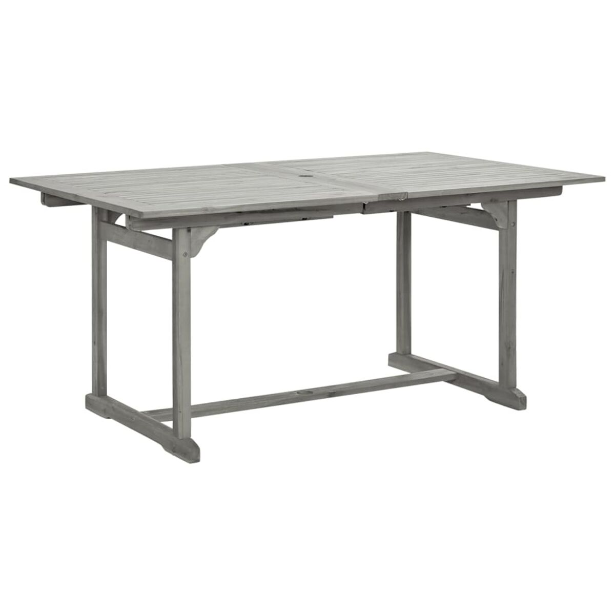 Grauer Holztisch für draußen mit ausklappbarer Verlängerung. Rechteckiges Design.