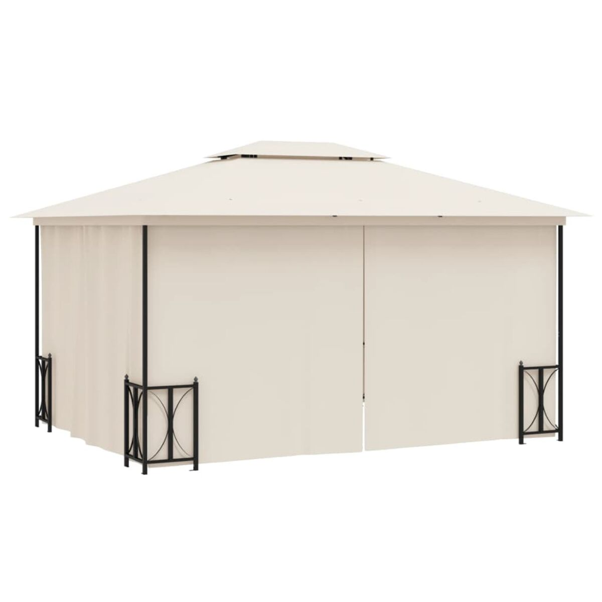 Beiger Pavillon mit schwarzen Akzenten. Stoffdach und Vorhänge. Seitenansicht.