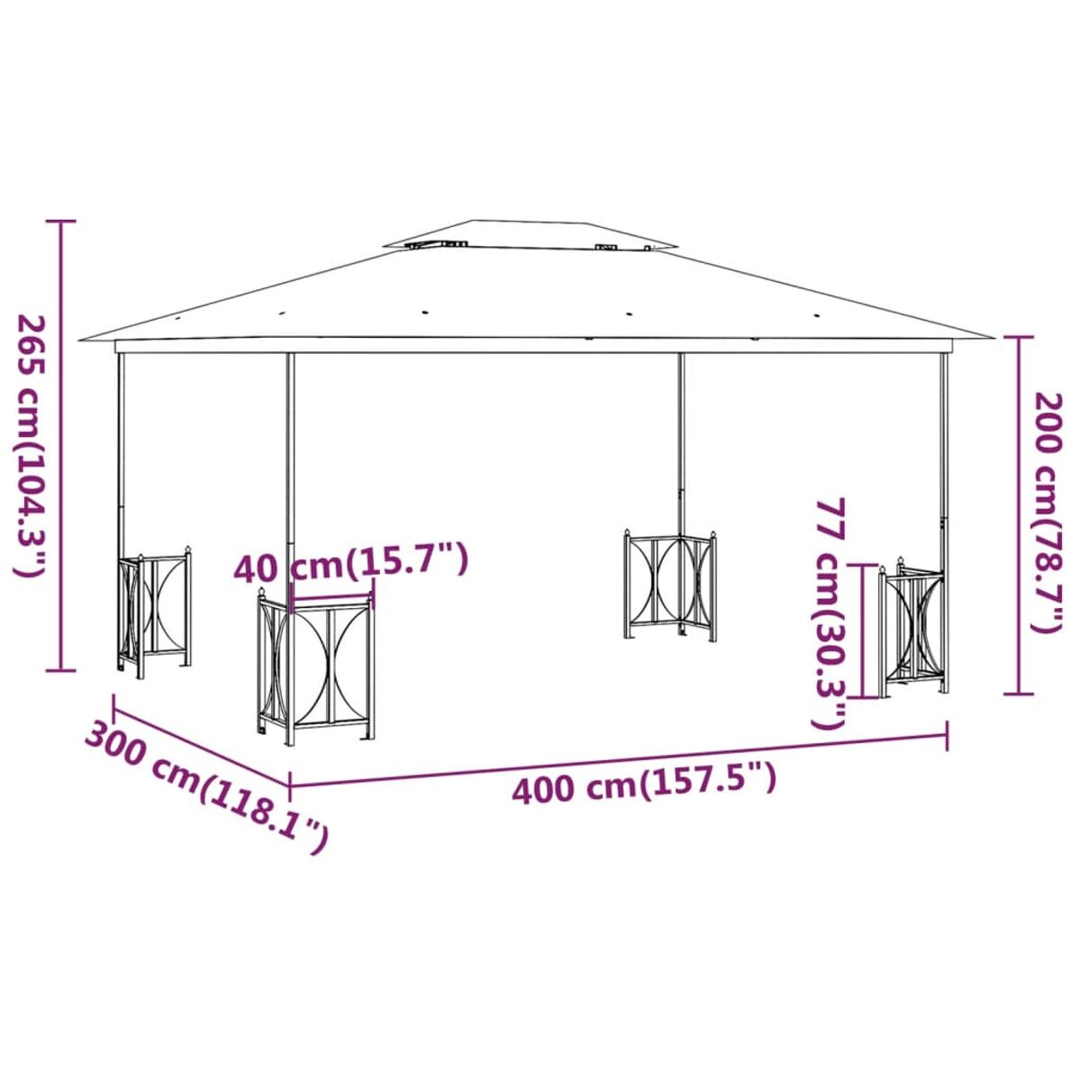 Weißer Pavillon mit dunklem Dach. Er hat 4 Säulen und die Maße 400x300x265 cm.