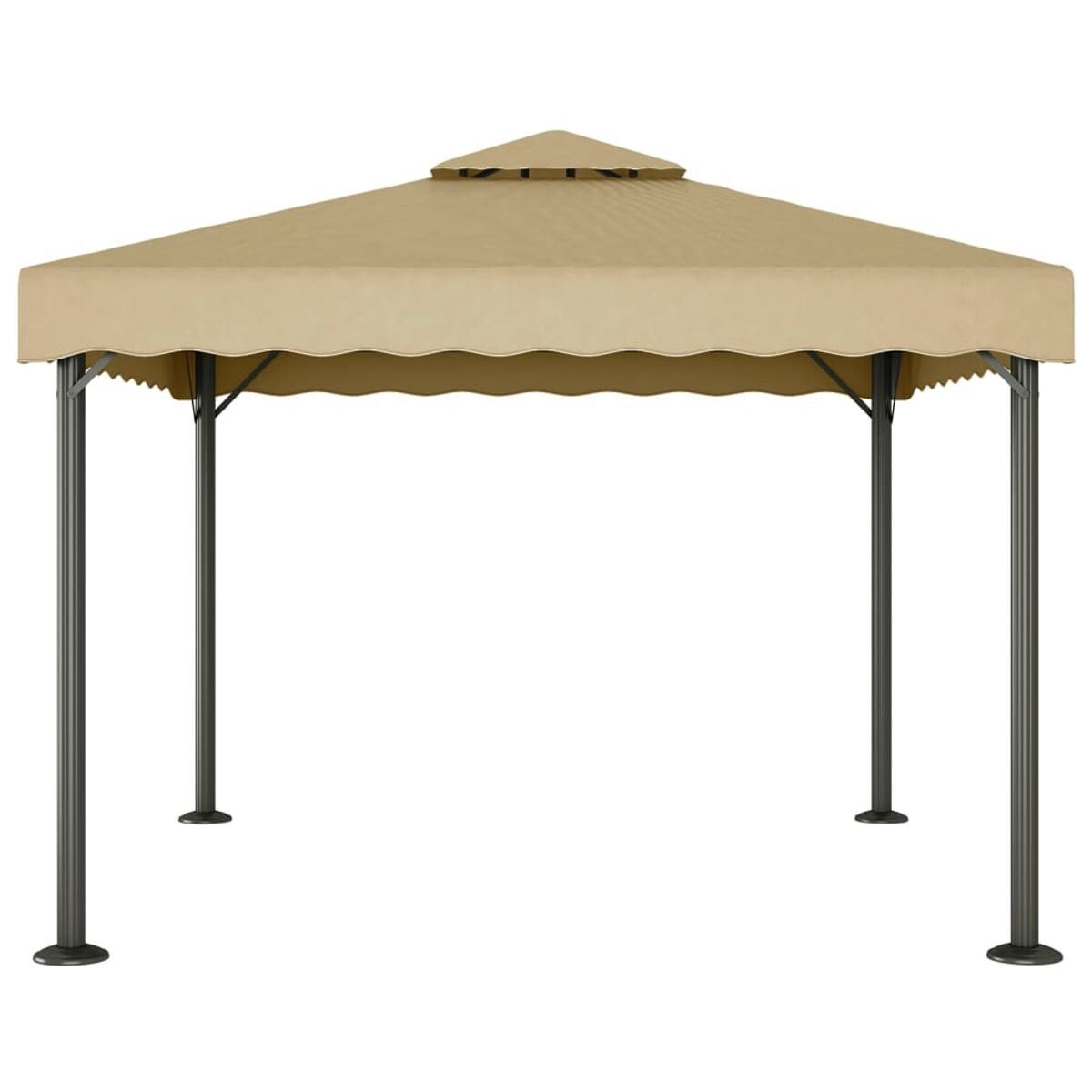 Ein beigefarbener Pavillon mit einem gewellten Dach. Er steht vor einem weißen Hintergrund.