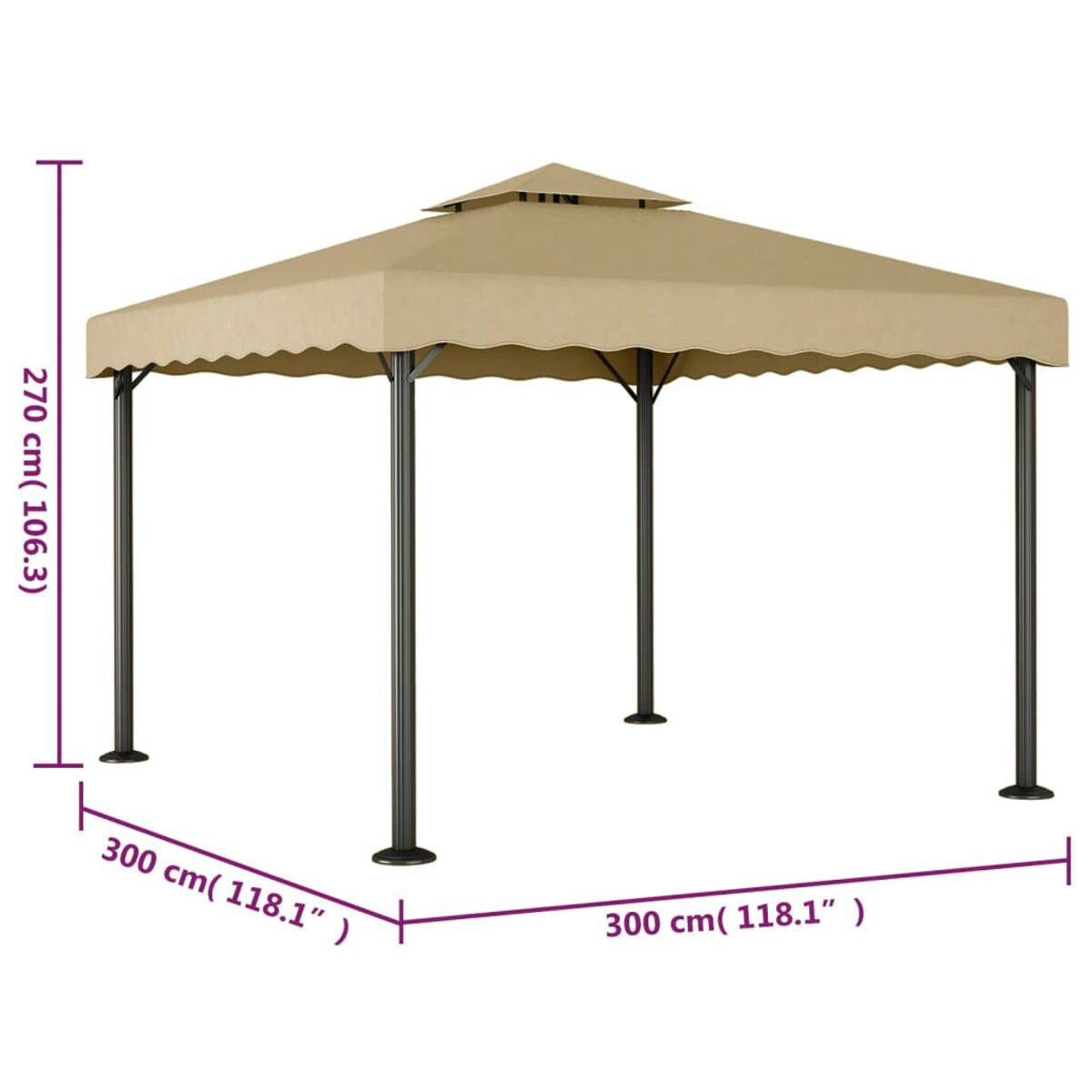 Ein beigefarbener Pavillon im Freien mit beschrifteten Abmessungen.