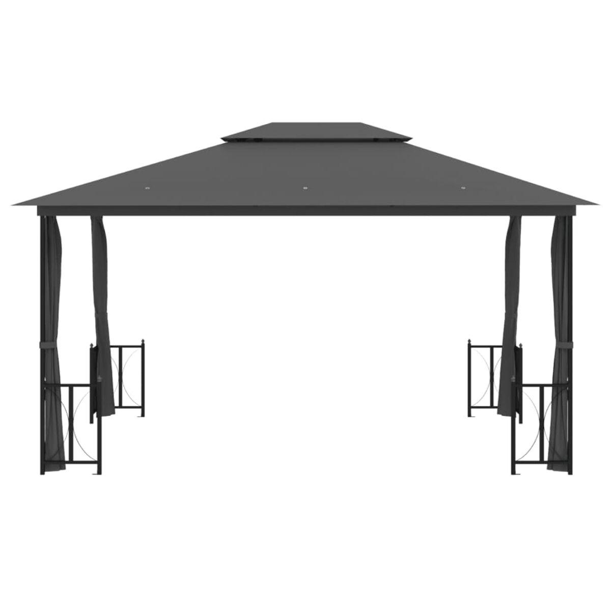 Ein grauer Pavillon mit Vorhängen auf weißem Hintergrund.