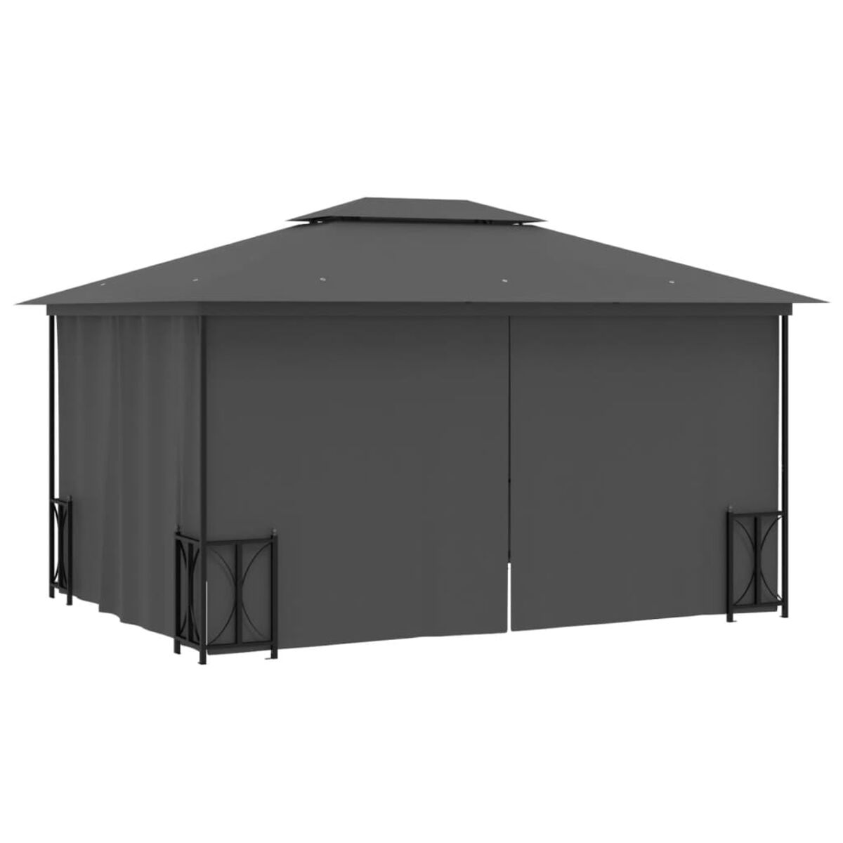 Grauer Pavillon mit rechteckiger Form. Er hat Vorhänge und ein festes Dach.