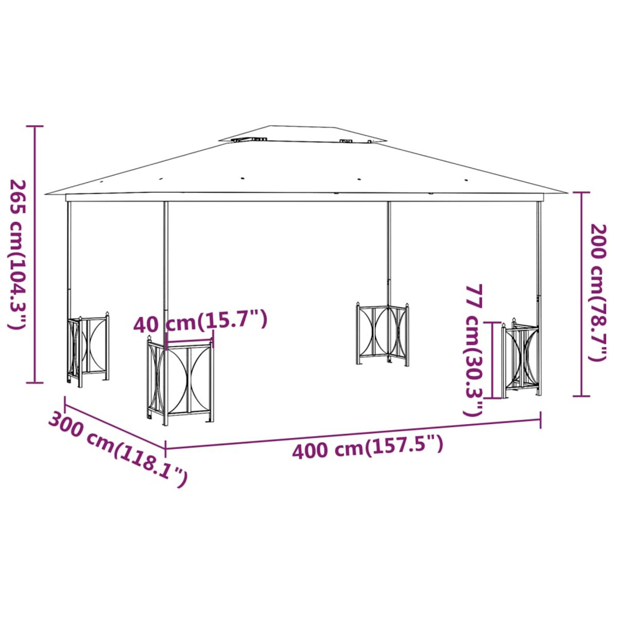 Pavillon mit Abmessungen auf weißem Hintergrund. Brauner Rahmen, weißes Dach, vier Säulen, Verzierungen.