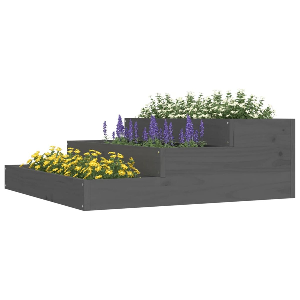 Gestufter Pflanzkasten aus Holz mit gelben, lila und weißen Blumen.