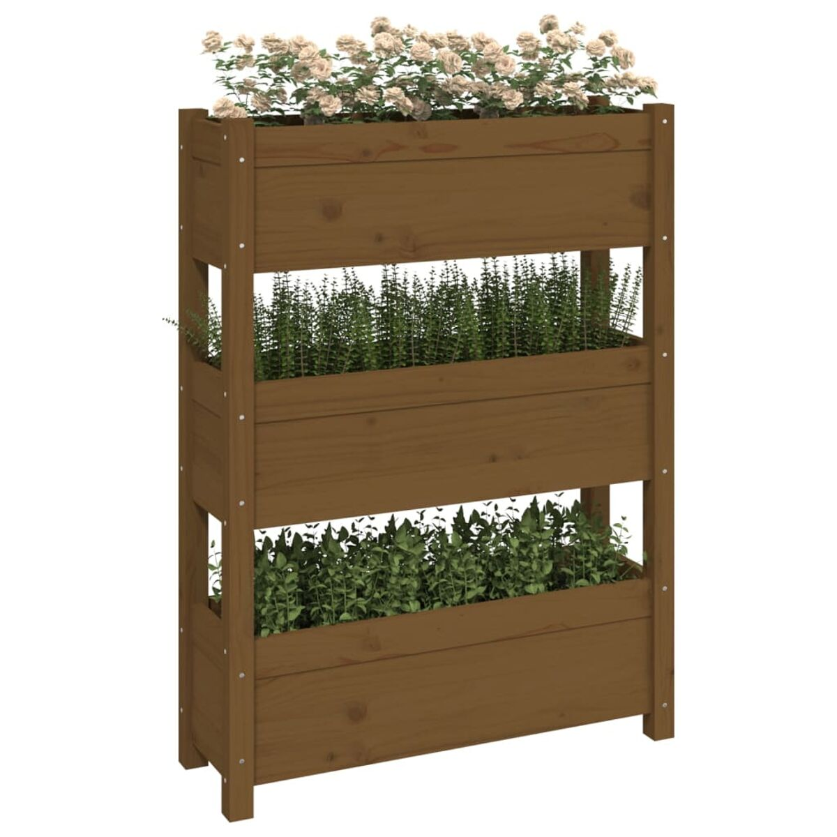 Dreistöckiger Holzpflanzer mit Pflanzen. Obere Etage mit weißen Blumen, untere Etagen mit grünen Pflanzen.