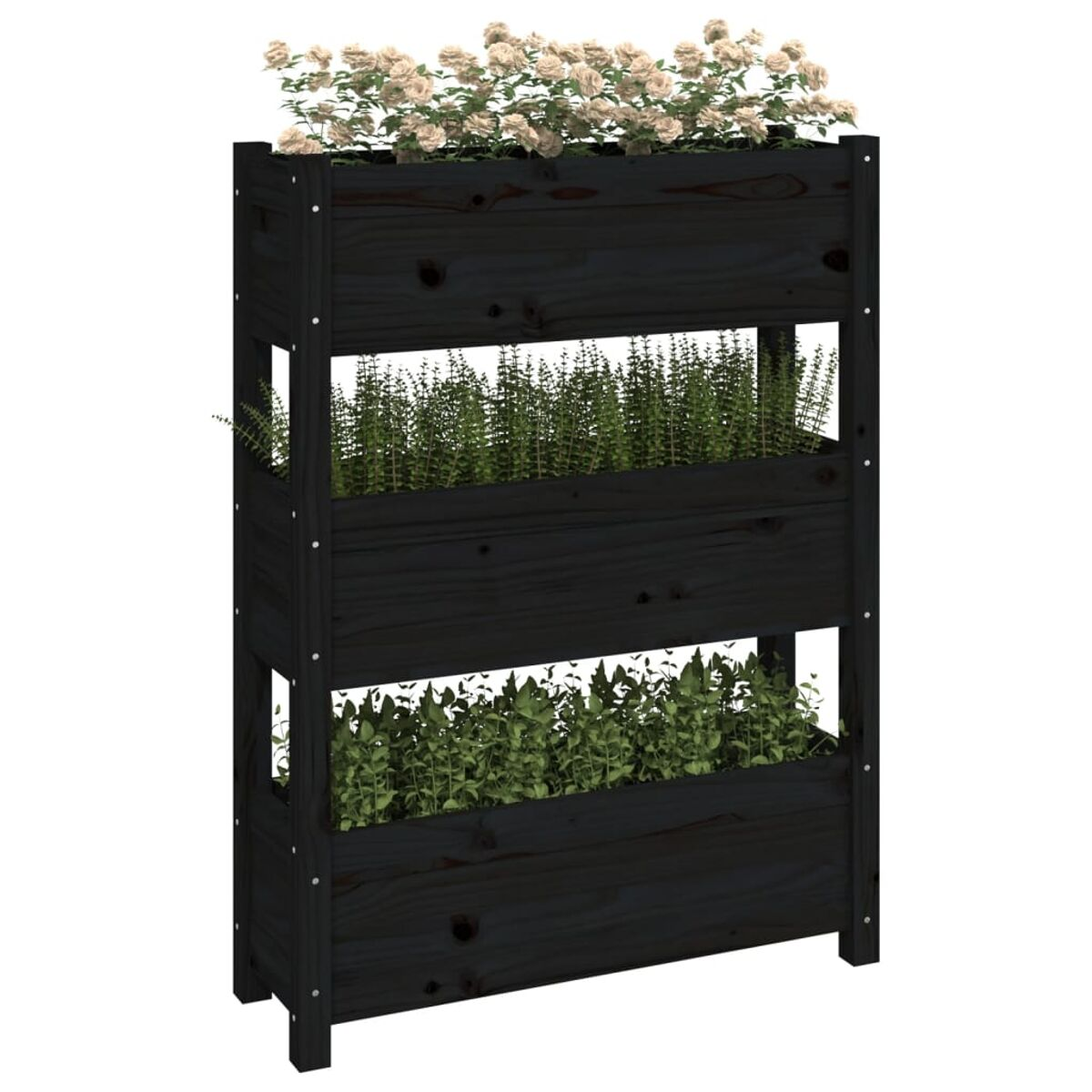 Schwarzer Holzpflanzer mit drei Pflanzebenen. Weiße Blumen oben.