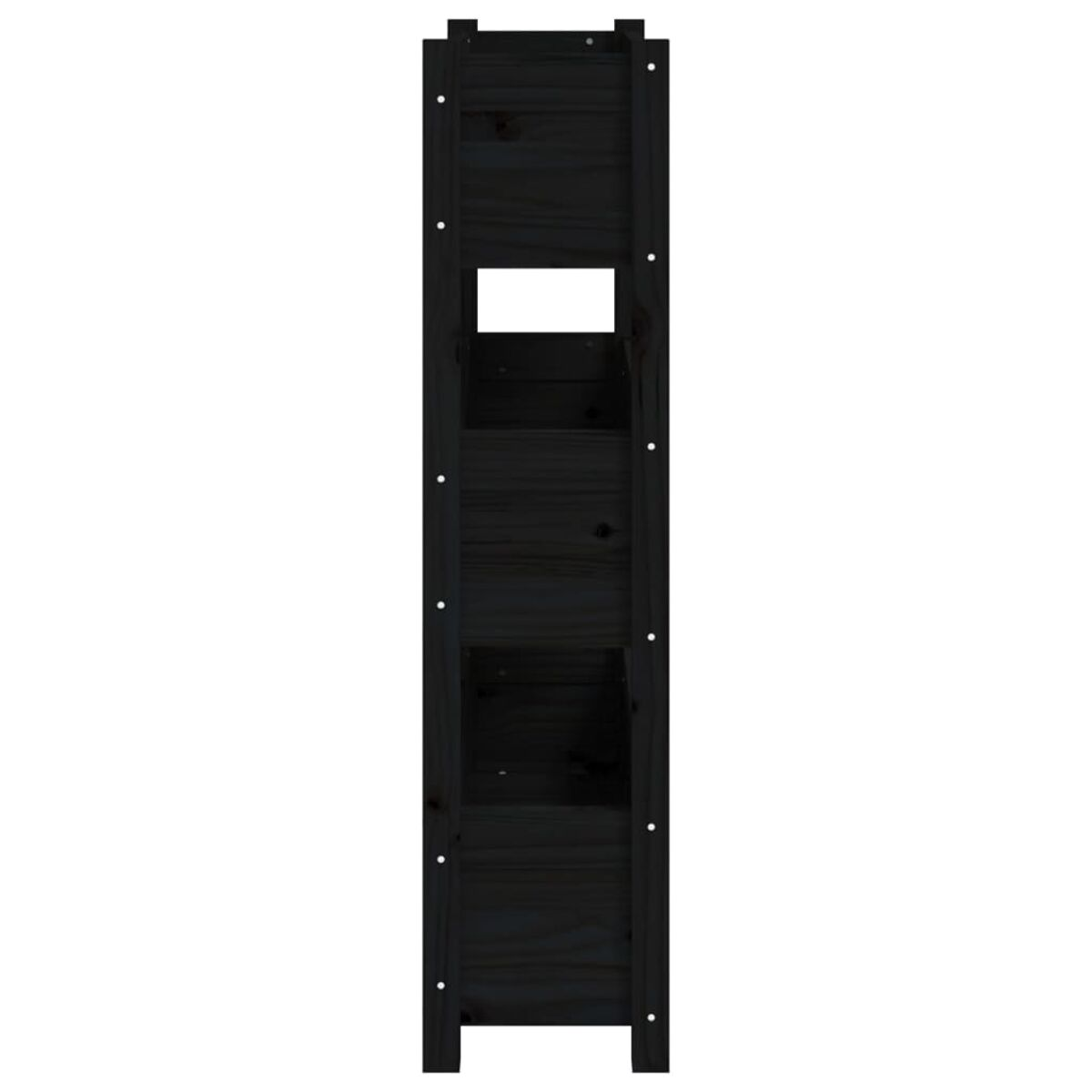 Hoher, dunkler Holzschrank mit drei offenen Regalen. Das Holz hat eine strukturierte Oberfläche.