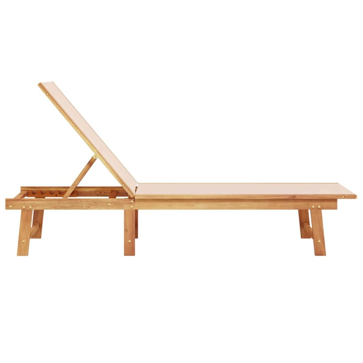 Lettino prendisole in legno con schienale regolabile. Le gambe sono in legno.
