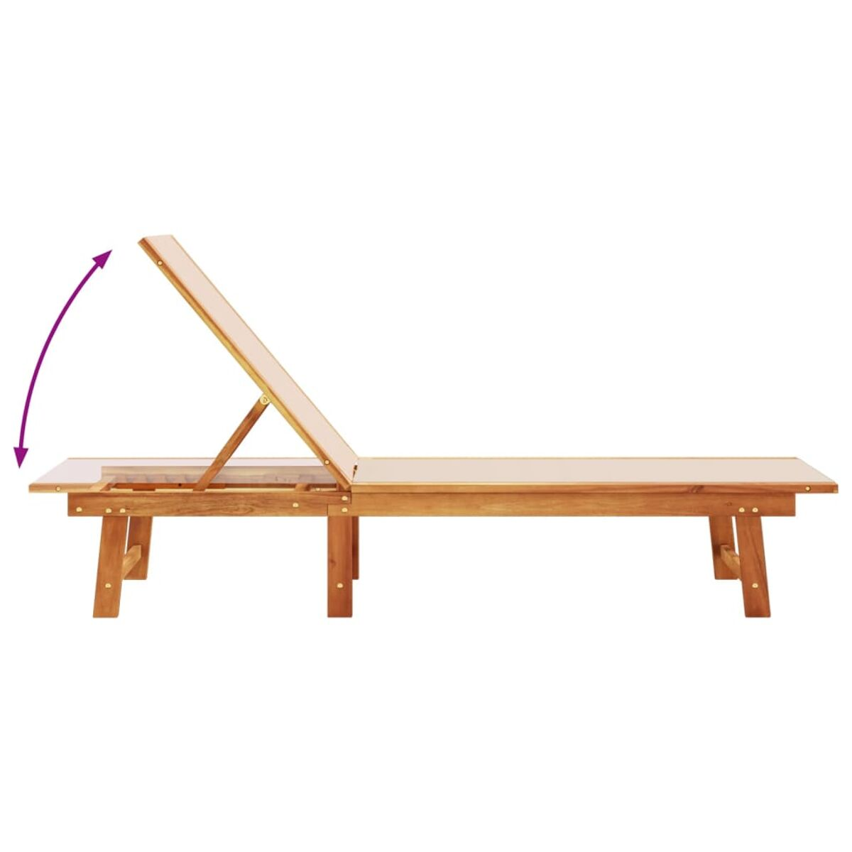 Lettino in legno, schienale regolabile. Sfondo bianco.