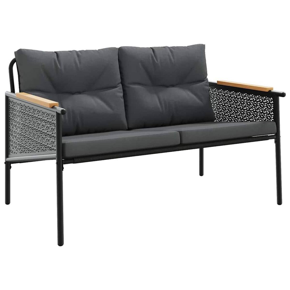 Graues Outdoor-Sofa mit Holzarmlehnen und Kissen.