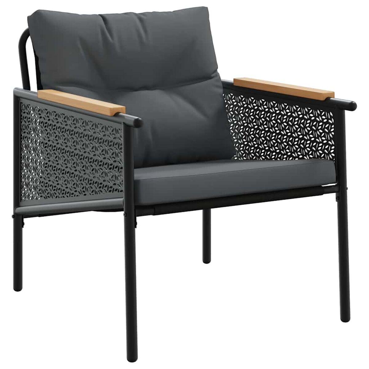 Moderner Outdoor-Stuhl mit schwarzem Rahmen, Holzarmlehnen und grauem Kissen.