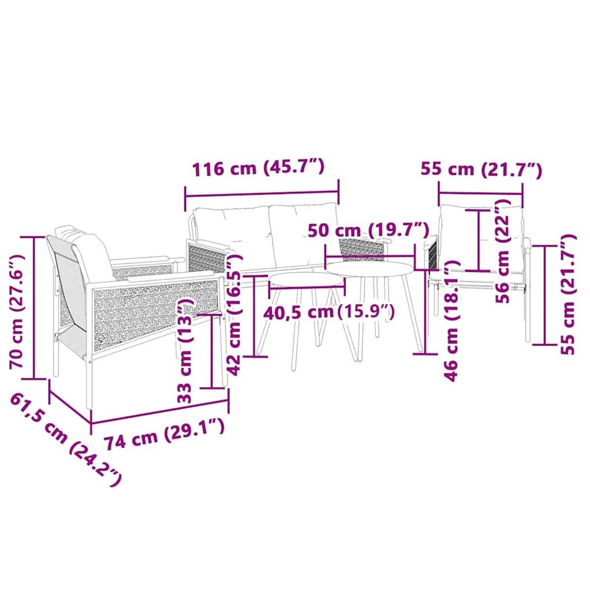 Ein Möbelset mit Maßen. Enthält ein Sofa, zwei Sessel und einen Couchtisch. Weißer Hintergrund.