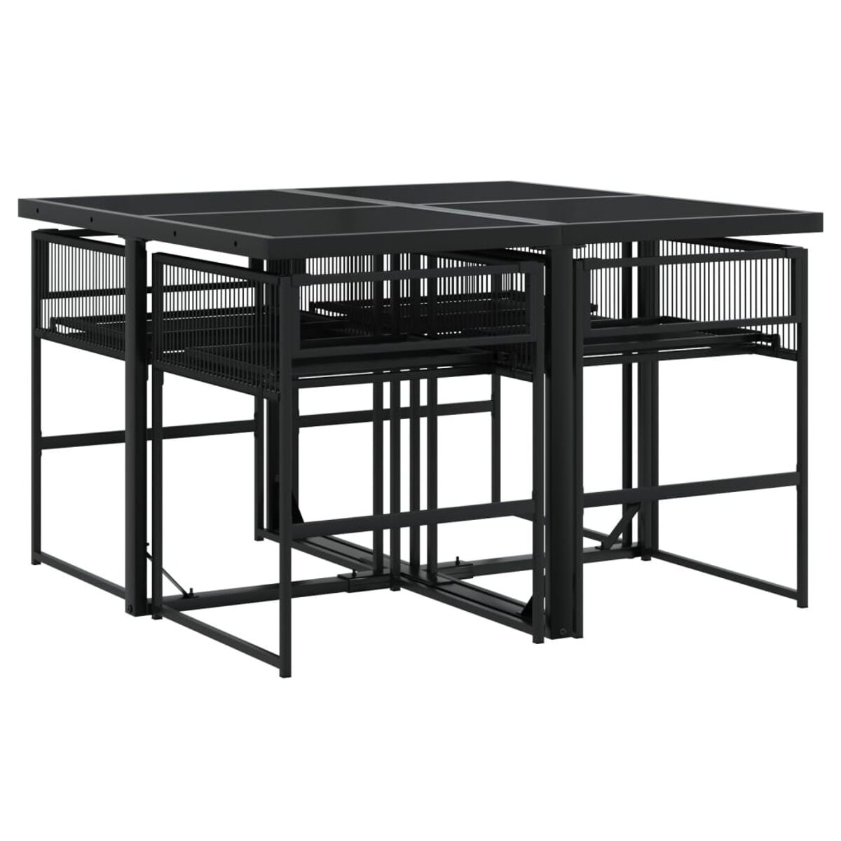 Schwarzes Metall-Ess-Set für den Außenbereich mit Tisch und Stühlen.