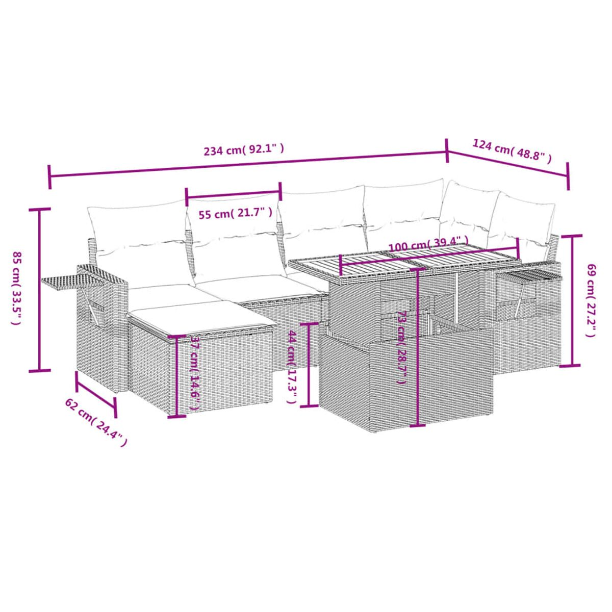 Diagramm mit den Abmessungen eines Outdoor-Sofasets mit einem Couchtisch.