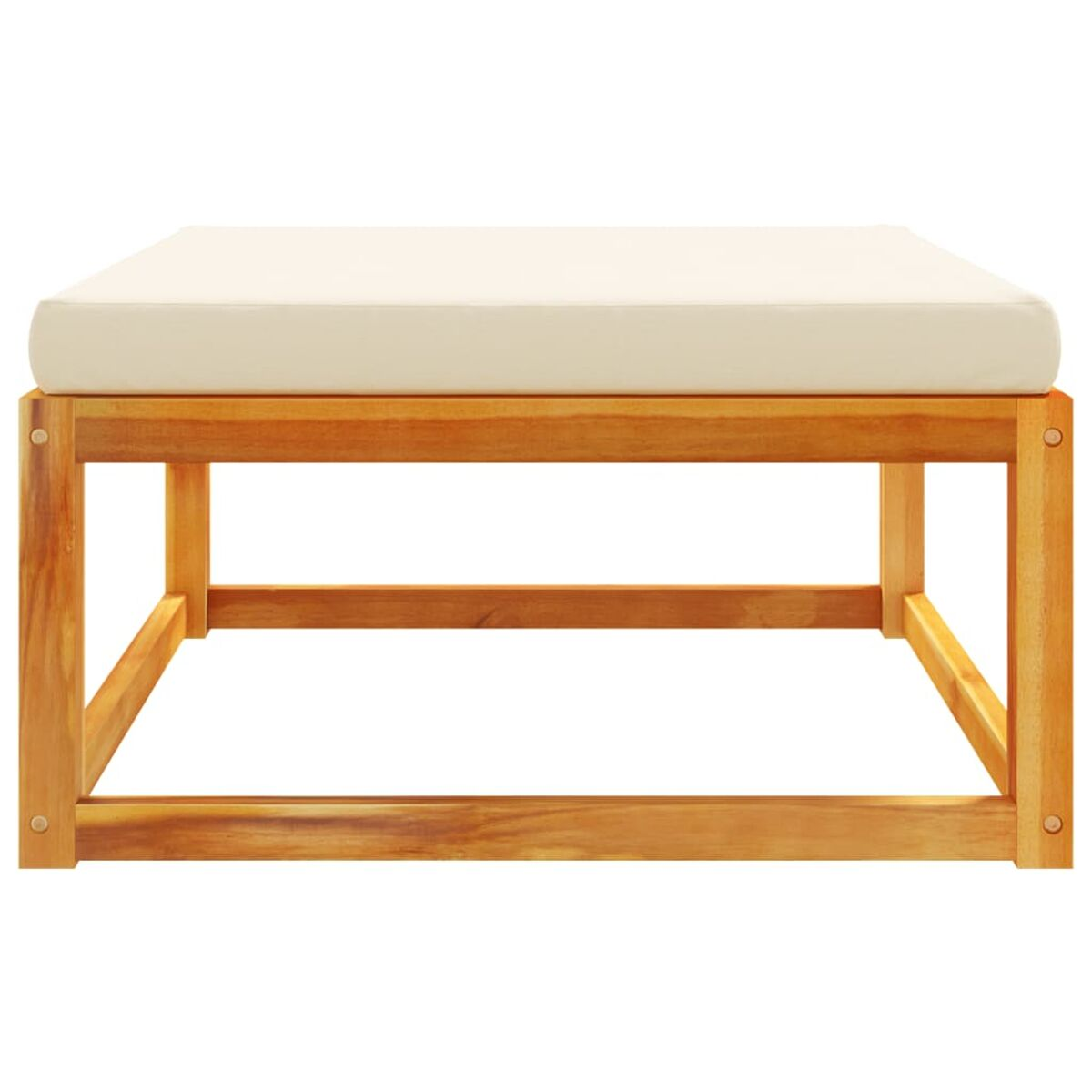 Quadratischer Holz-Hocker mit weißem Kissen. Der Hocker hat ein einfaches, stabiles Design.