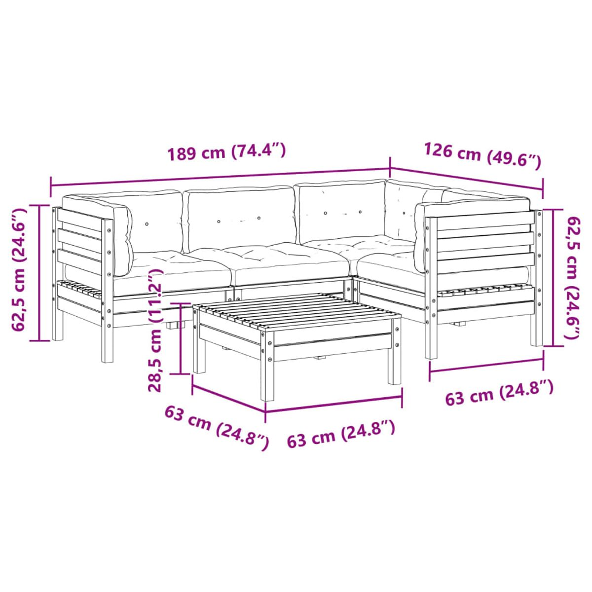 L-förmiges Holz-Outdoor-Sofa mit Maßen. Enthält Sofa und Hocker mit Kissen.