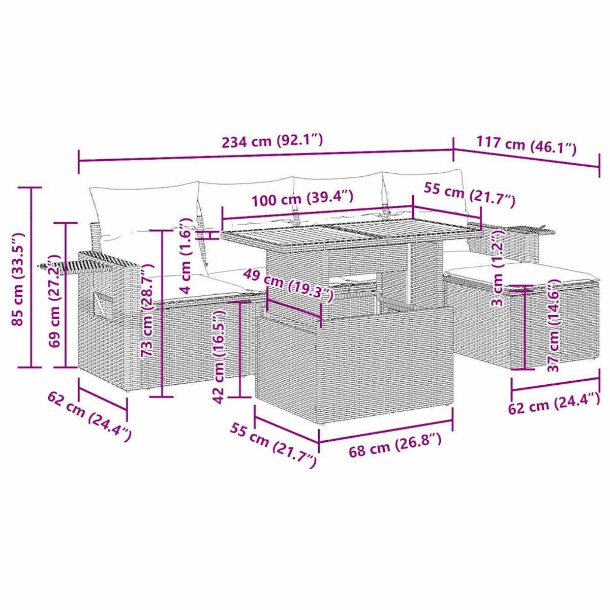 Diagramm mit Abmessungen für ein Gartenmöbelset aus Korbgeflecht.